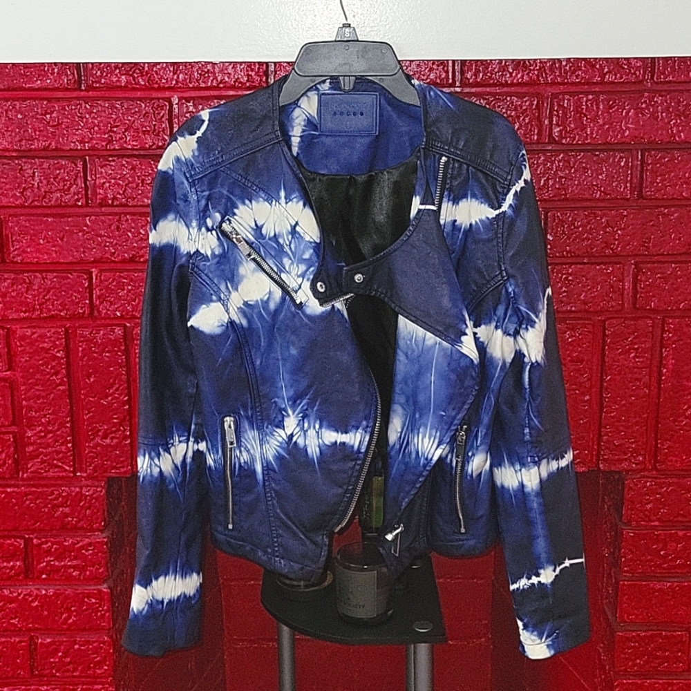 Blank NYC Vegan Leather Jacket, Tie-dye Blue and White, Size S